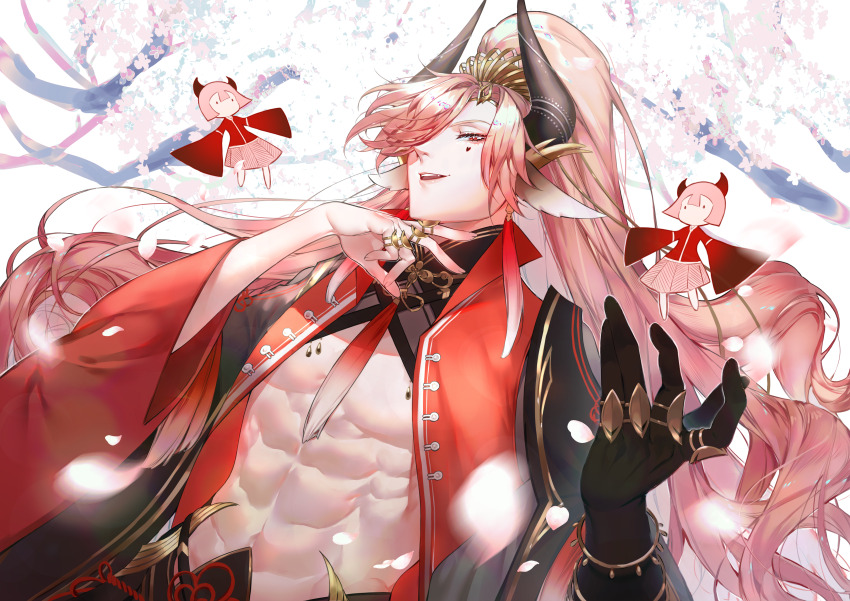 1boy, abs, absurdres, animal_ears, asymmetrical_sleeves, black_gloves, black_sleeves, bracelet