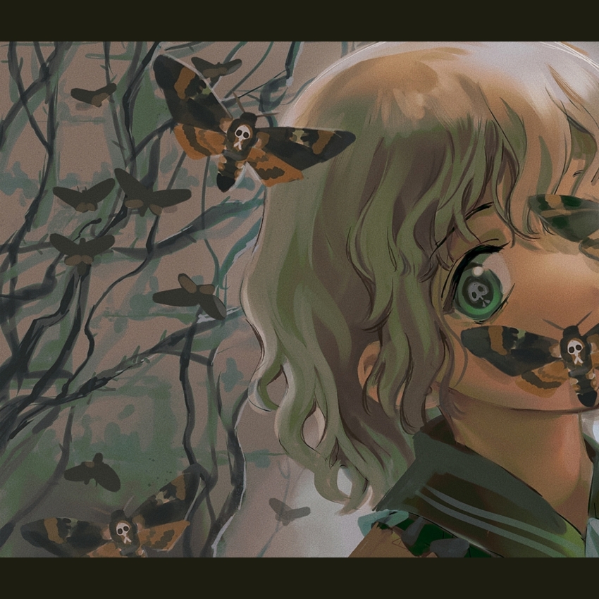 1girl, blouse, bright_pupils, bug, chinese_commentary, commentary_request, covered_mouth, frilled_shirt_collar