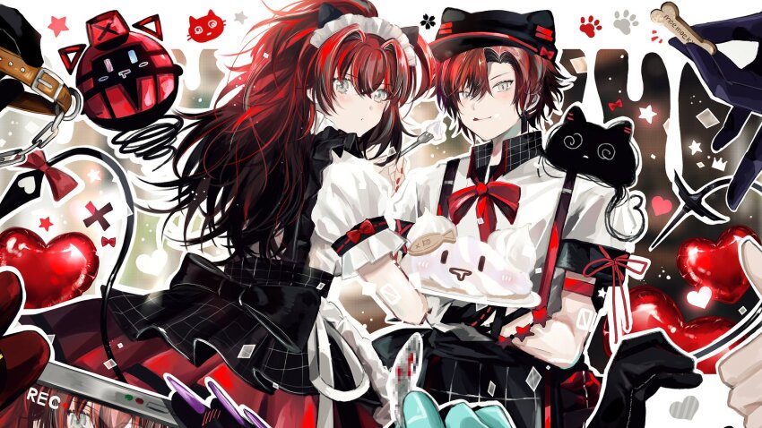 1boy, 1girl, alternate_costume, animal, animal_collar, animal_ears, animal_hat, animal_on_shoulder