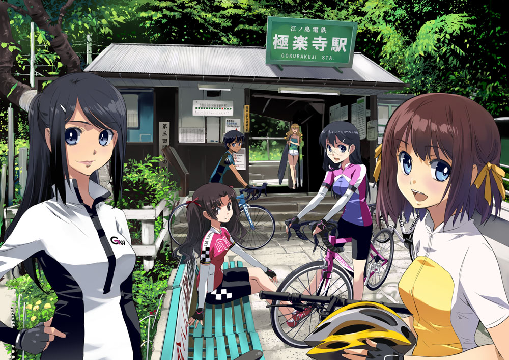 6+girls, akizuki_tomoe, bicycle, bike_jersey, bike_shorts, black_hair, blue_eyes, brown_hair