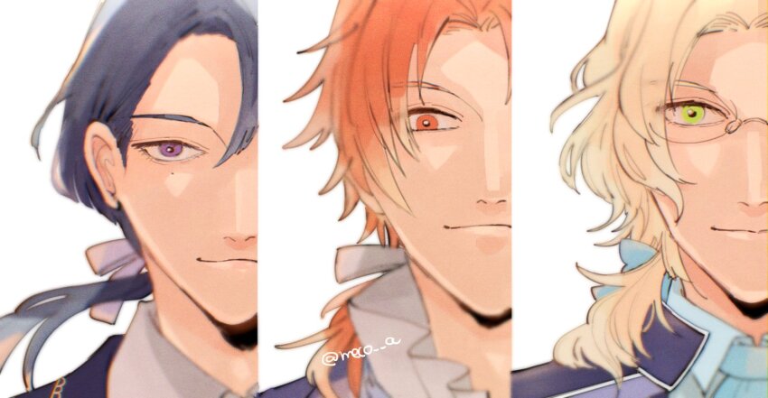 3boys, ascot, blonde_hair, blue_ascot, blue_hair, blue_jacket, blue_ribbon, blue_shirt