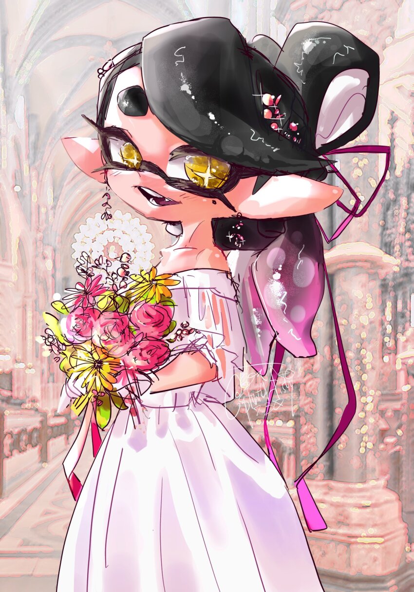 1girl, bride, callie_(splatoon), dress, flower, from_side, highres, nintendo