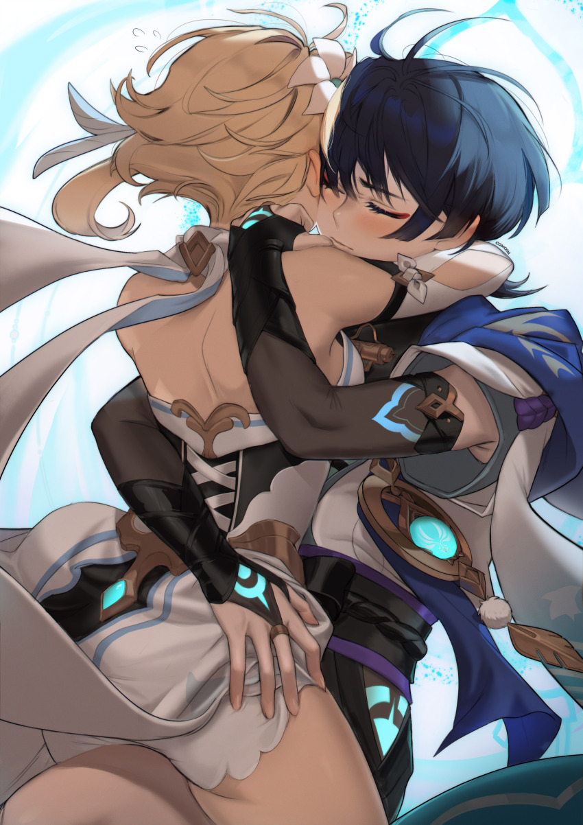 1boy, 1girl, absurdres, arm_armor, armpit_peek, artist_name, back, black_hair