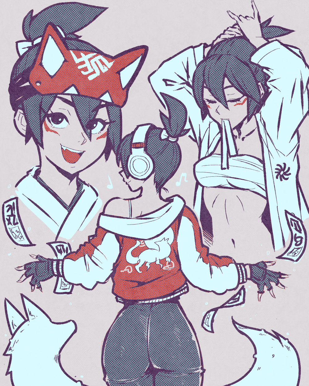 1girl, adjusting_hair, akairiot, animification, ass, black_gloves, black_pants, bra_strap