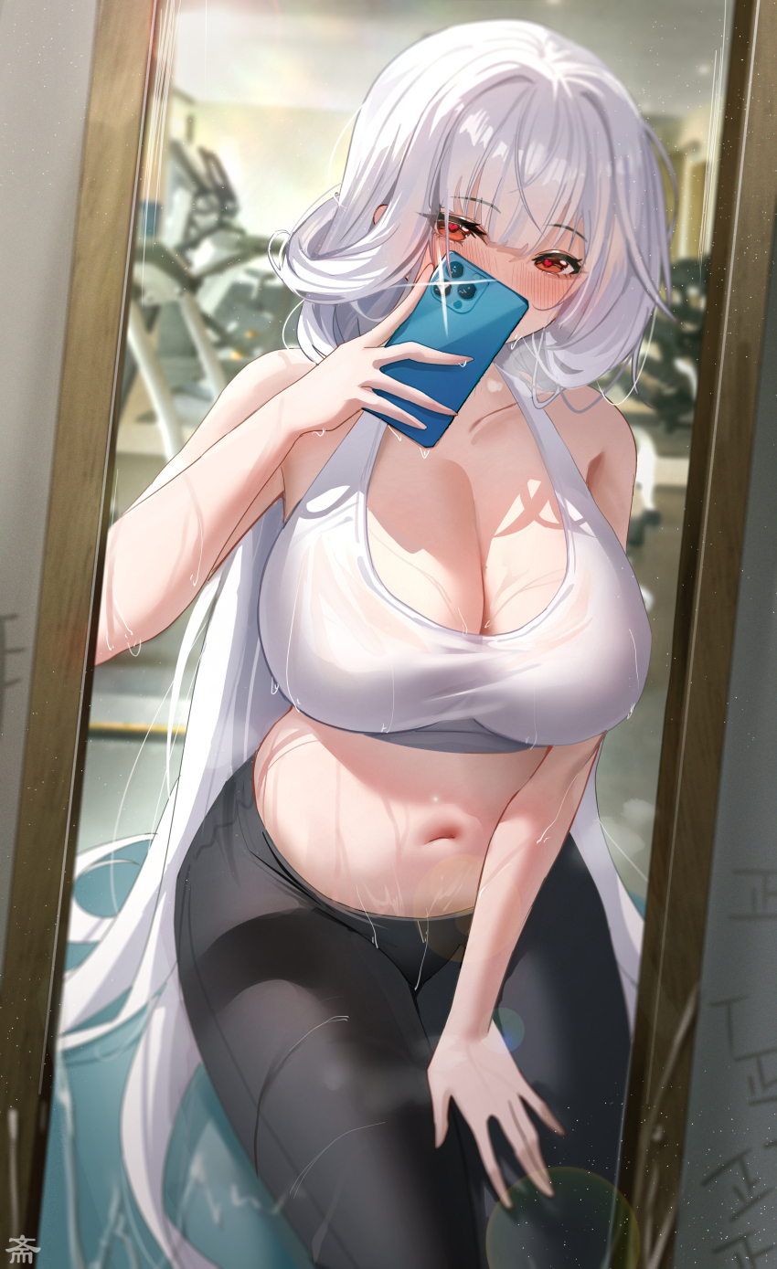 1girl, absurdres, alternate_costume, azur_lane, black_leggings, blurry, blurry_background, blush, breasts, cleavage, collarbone, commentary, covered_mouth, covering_face, fitness_gym, grey_hair, hair_spread_out, hand_on_own_thigh, heart, heart-shaped_pupils, highres, holding, holding_phone, kneeling, large_breasts, leggings, looking_at_viewer, marseillaise_(azur_lane), marseillaise_(fighting_angel's_regimen)_(azur_lane), mirror, mirror_selfie, navel, phone, phone_over_face, red_eyes, reflection, selfie, solo, sports_bra, stomach, sweatdrop, symbol-shaped_pupils, tansuan_(ensj3875), white_sports_bra