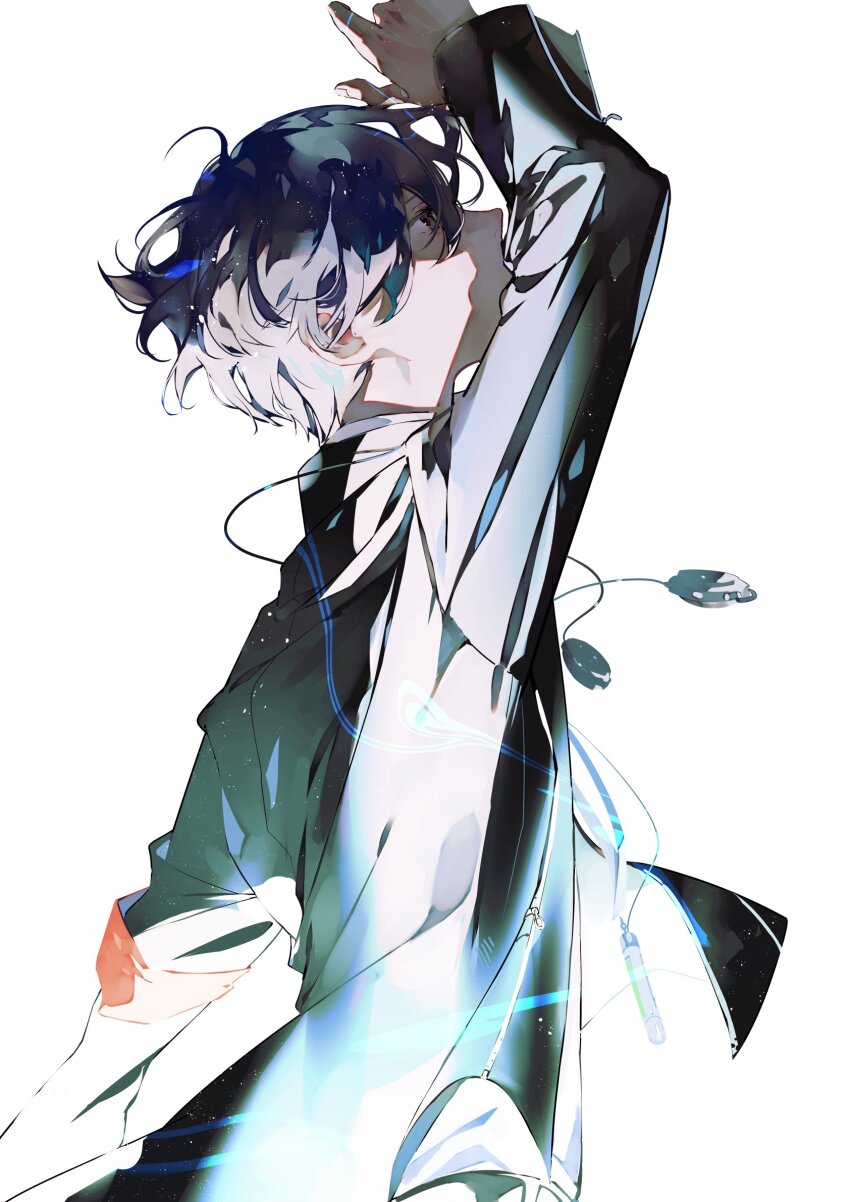 1boy, arm_up, black_jacket, blue_eyes, blue_hair, collared_shirt, dappled_sunlight, eve_(utaite)