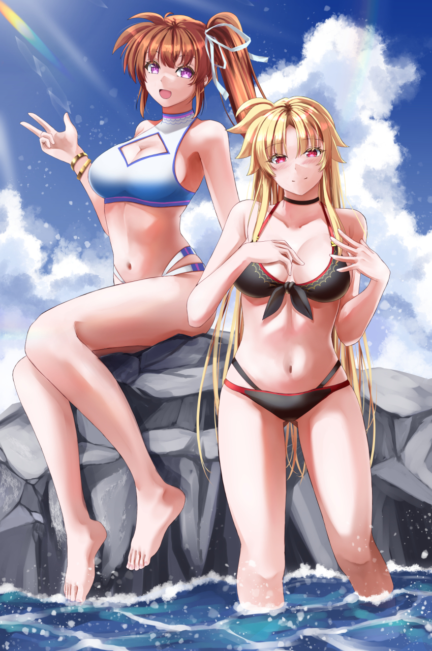 2girls, bare_shoulders, barefoot, bikini, black_bikini, blonde_hair, blue_bikini, blush