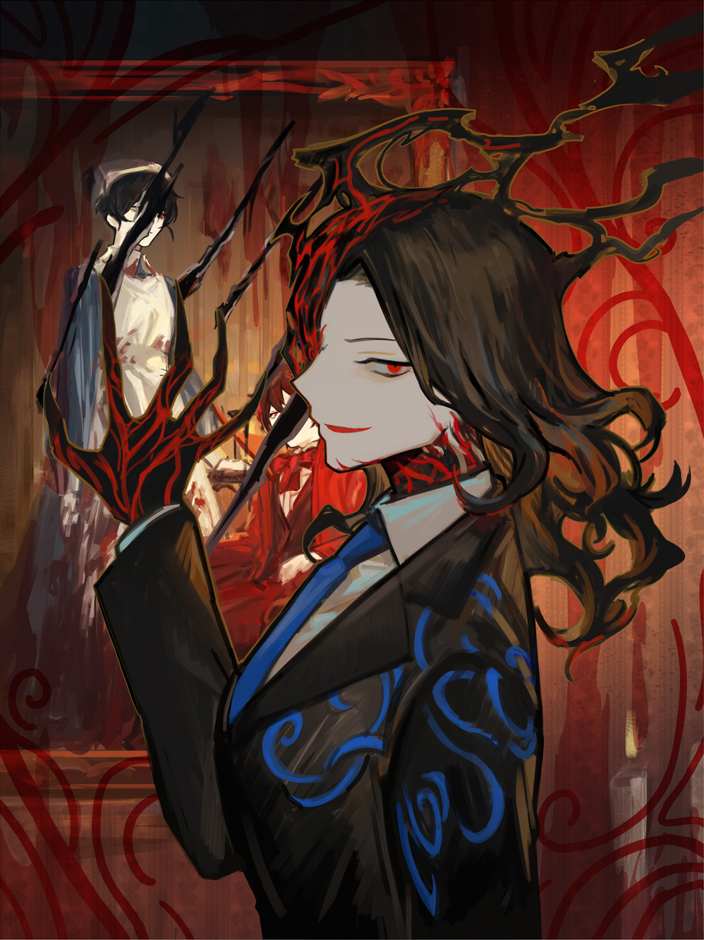 1girl, black_hair, black_jacket, blood_vessels, blue_necktie, claw_mark, claws, collared_shirt