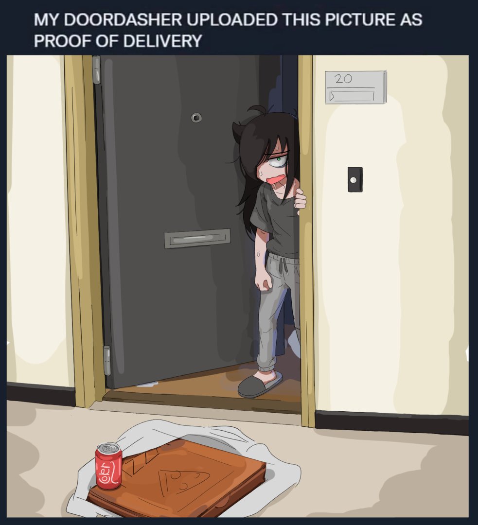 1girl, bags_under_eyes, black_hair, brand_name_imitation, can, constricted_pupils, delivery, door, drink_can, english_text, green_eyes, grey_pants, grey_shirt, grey_slippers, kuroki_tomoko, kurokimoko, long_hair, messy_hair, mojyo, open_door, open_mouth, pants, photo-referenced, pizza_box, pizza_delivery, shirt, short_sleeves, slippers, soda_can, solo, standing, sweat, t-shirt, watashi_ga_motenai_no_wa_dou_kangaetemo_omaera_ga_warui!, wavy_mouth