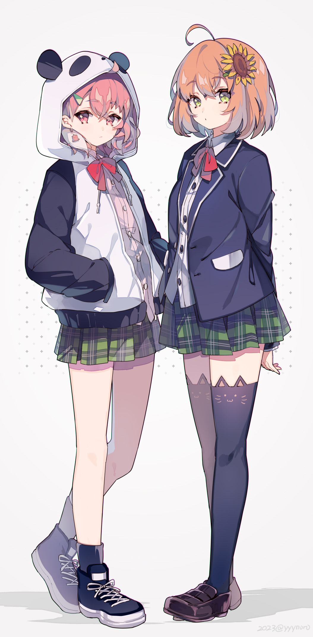 2girls, ahoge, animal_ear_legwear, animal_ears, animal_hood, black_footwear, black_jacket, black_socks