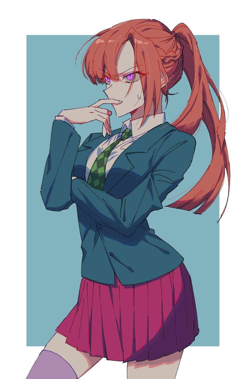 1girl, absurdres, aqua_background, aqua_jacket, blazer, blunt_ends, border, braid, checkered_necktie, chidouin_sara, collared_shirt, covered_mouth, cowboy_shot, female_focus, finger_to_mouth, furrowed_brow, green_necktie, grey_thighhighs, hair_between_eyes, half_up_braid, hand_on_own_arm, highres, jacket, kimi_ga_shine, korean_commentary, lapels, long_hair, long_sleeves, mometsu_033, necktie, notched_lapels, orange_hair, outside_border, pleated_skirt, ponytail, purple_eyes, red_skirt, school_uniform, shirt, simple_background, single_sidelock, skirt, solo, sonobeno_school_uniform, standing, sweatdrop, thighhighs, thinking, white_border, white_shirt