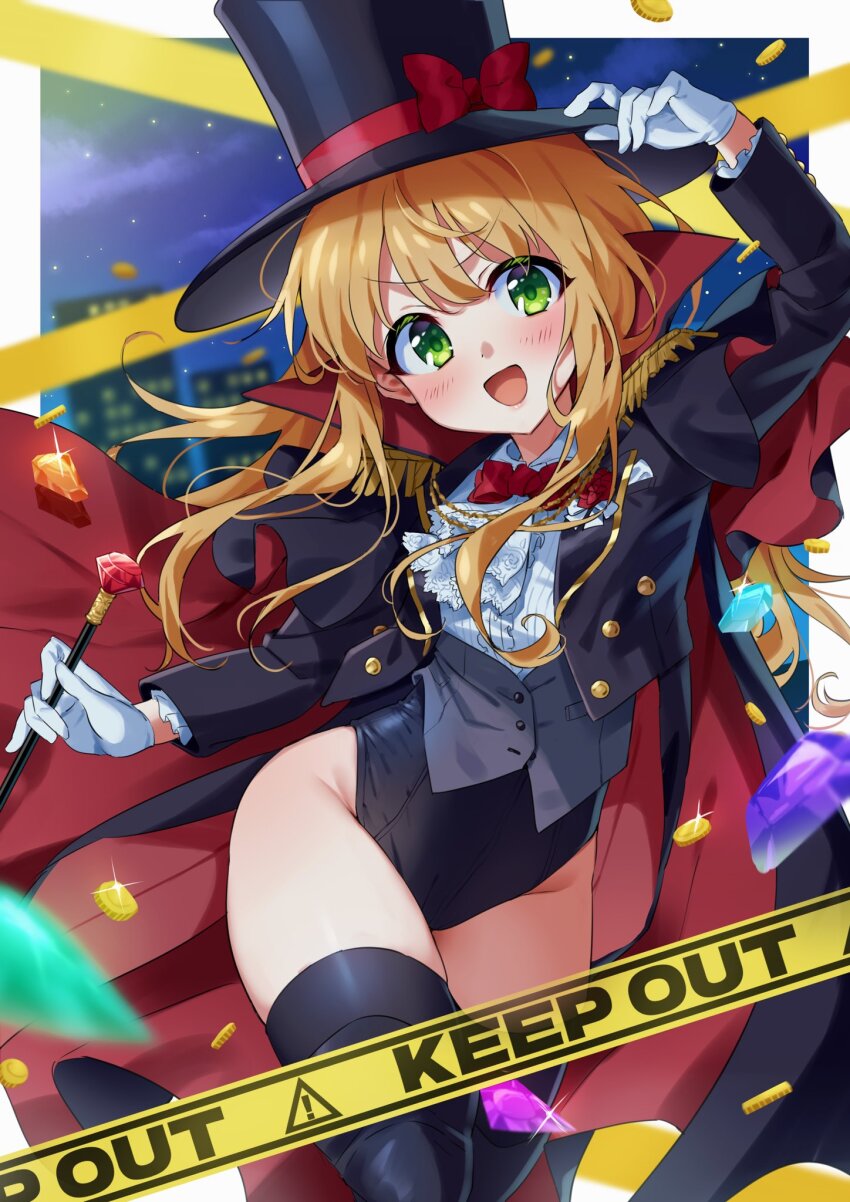 !, 1girl, arm_up, black_boots, black_cloak, black_hat, black_jacket, black_leotard