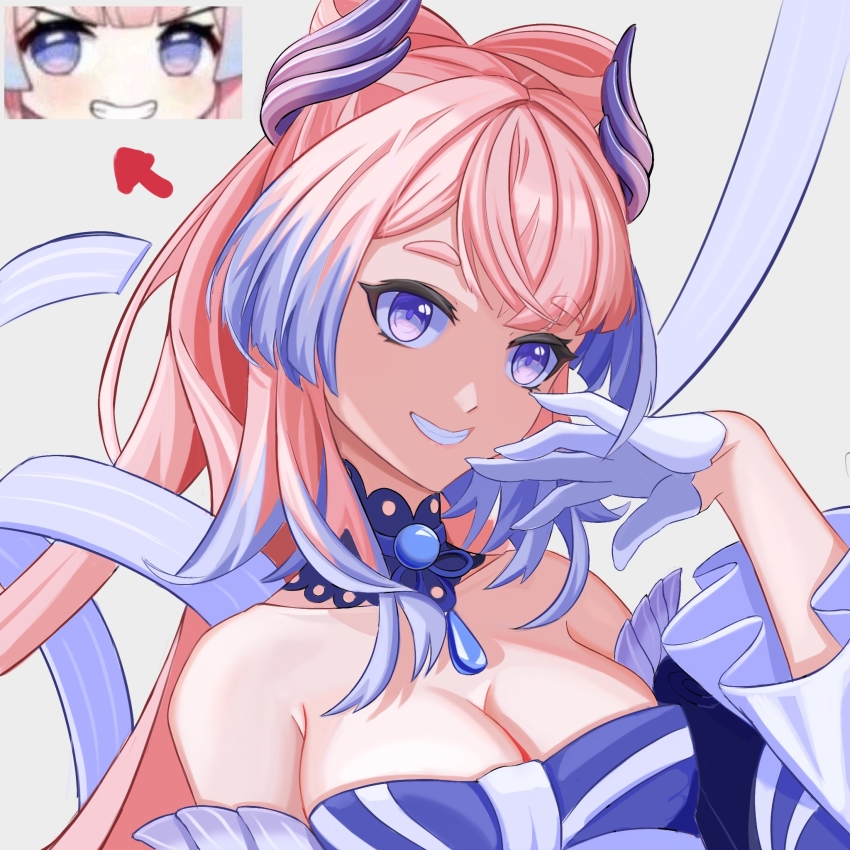 1girl, bare_shoulders, blue_bow, blue_choker, blue_dress, blue_hair, bow, breasts