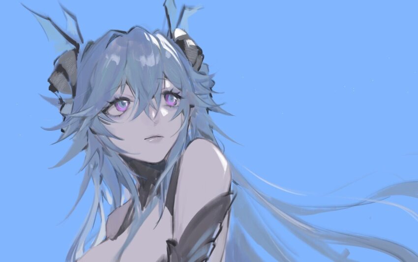 18_kawaki, 1girl, aqua_hair, black_collar, blue_background, blue_eyes, breasts, collar
