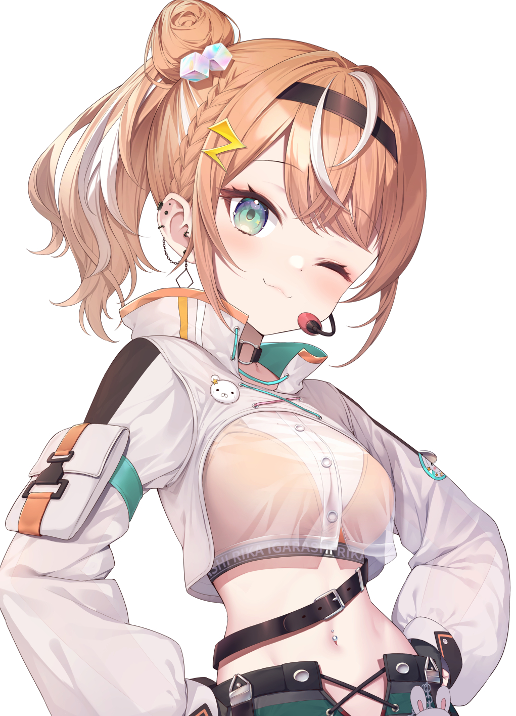 1girl, ariel23795, belt, black_belt, black_choker, black_headband, blonde_hair, blue_eyes