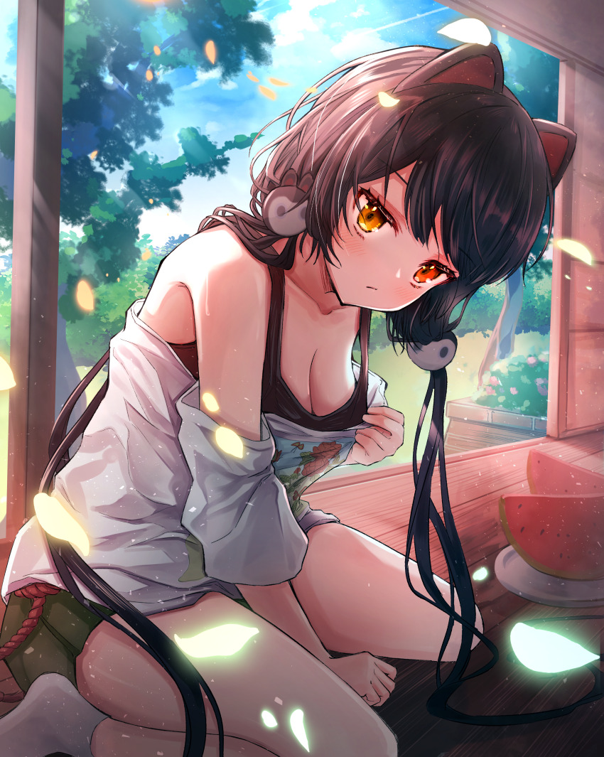 1girl, absurdres, animal_ears, architecture, arm_support, bare_shoulders, black_tank_top, blush, breasts, brown_hair, cleavage, clothes_pull, dog_ears, east_asian_architecture, falling_petals, food, fruit, green_skirt, heterochromia, highres, inui_toko, inui_toko_(summer_casual), leaning_forward, long_hair, looking_at_viewer, low_twintails, medium_breasts, miniskirt, nijisanji, official_alternate_costume, petals, pleated_skirt, red_eyes, red_rope, rope, rope_belt, shirt, shirt_pull, skirt, sleeping, socks, solo, strap_pull, summer, swept_bangs, t-shirt, tank_top, twintails, very_long_hair, virtual_youtuber, watermelon, watermelon_slice, white_shirt, white_socks, yellow_eyes, yoharu_tao
