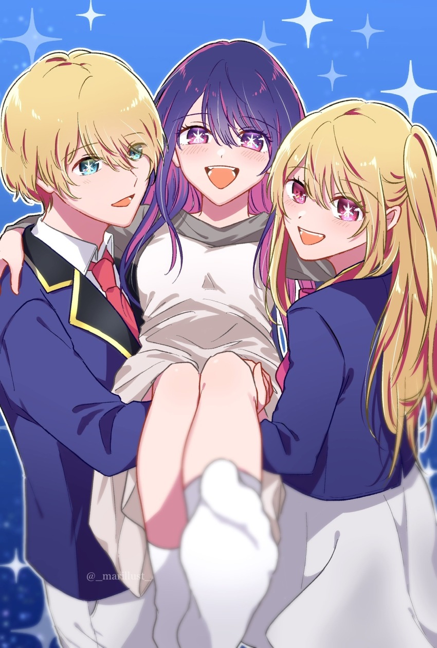 1boy, 2girls, :d, aqua_eyes, blonde_hair, blue_background, blue_eyes, blue_jacket