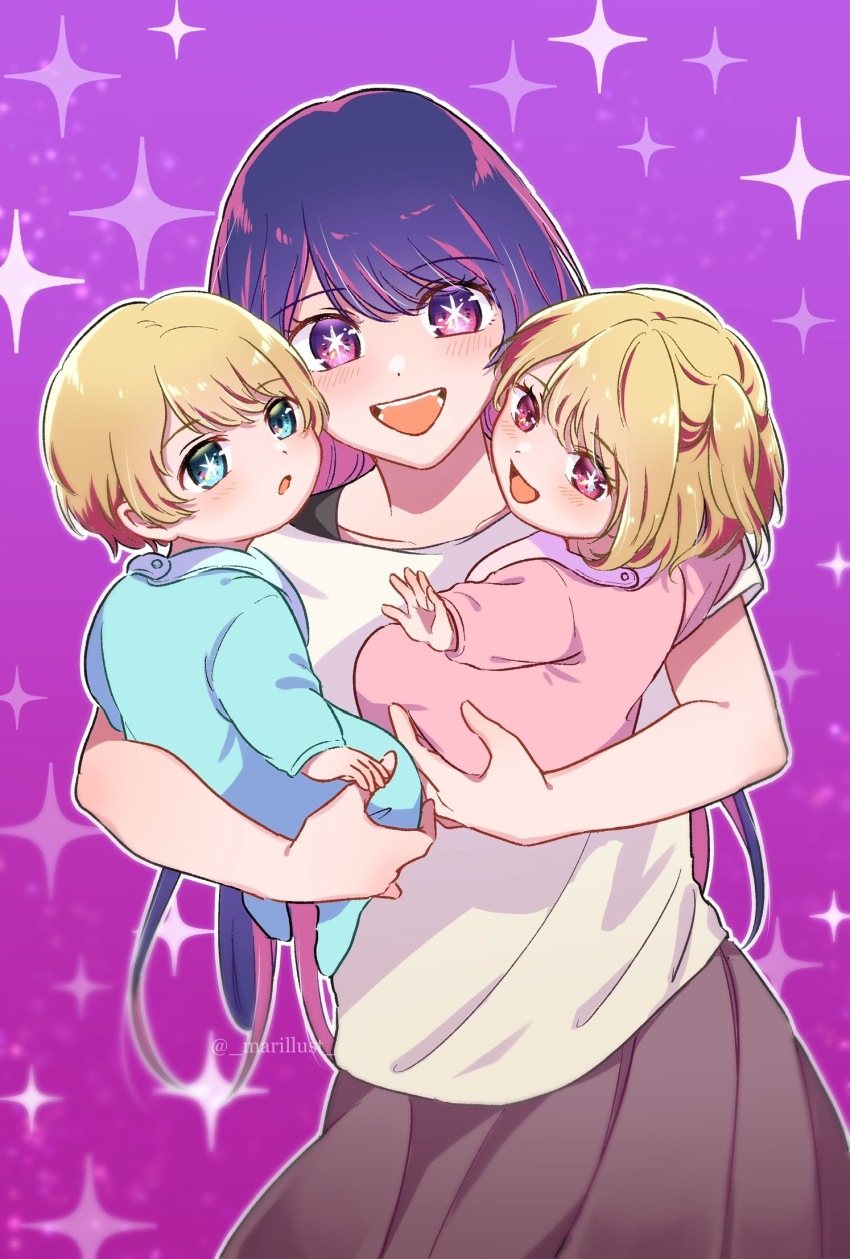 1boy, 2girls, :d, aqua_eyes, baby, blonde_hair, blue_eyes, blush