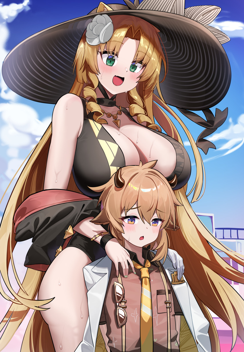 1boy, 1girl, :d, absurdres, age_difference, animal_ears, arknights, bare_shoulders, bison_(arknights), bison_(summer)_(arknights), black_headwear, black_one-piece_swimsuit, blonde_hair, blue_sky, blush, bracelet, breasts, brown_eyes, brown_hair, brown_shirt, casual_one-piece_swimsuit, center_opening, cleavage, collarbone, cow_boy, cow_ears, cow_horns, day, dishui_tangni, drill_hair, drill_sidelocks, ears_through_headwear, flower, gloves, green_eyes, hair_flower, hair_ornament, hands_on_another's_shoulders, hat, height_difference, hetero, highres, horns, huge_breasts, jacket, jacket_on_shoulders, jewelry, large_breasts, long_hair, looking_at_another, looking_down, necklace, necktie, one-piece_swimsuit, onee-shota, open_clothes, open_jacket, open_mouth, outdoors, parted_bangs, shirt, short_hair, shota, sidelocks, single_glove, sky, smile, sun_hat, sunglasses, sweat, swimsuit, swire_(arknights), swire_the_elegant_wit_(arknights), tiger_ears, tiger_girl, upper_body, very_long_hair, white_flower, white_gloves, white_jacket, yellow_necktie