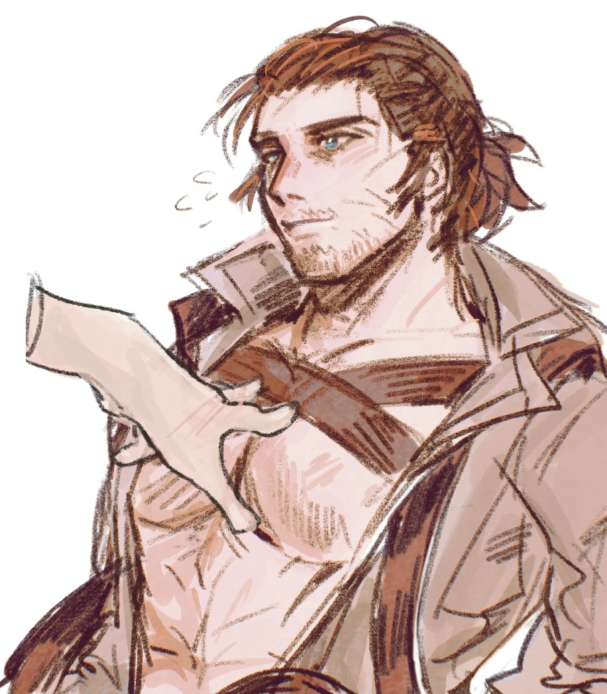 1boy, adventurer_(ff14), bara, beard_stubble, blush, brown_theme, chest_harness, disembodied_hand, facial_hair, final_fantasy, final_fantasy_xiv, flying_sweatdrops, hair_slicked_back, hand_on_another's_chest, harness, highres, lno408, looking_ahead, male_focus, mature_male, medium_hair, mustache_stubble, pectoral_cleavage, pectorals, scar, scar_across_eye, scar_on_face, sketch, solo_focus, stubble, thick_eyebrows, upper_body, warrior_of_light_(ff14)