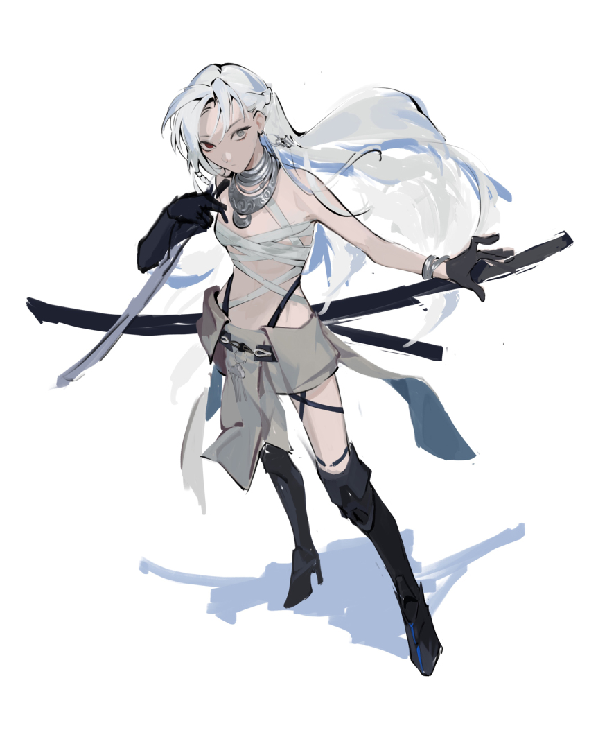 18_kawaki, 1girl, alpha:_crimson_weave_(zhuolu's_rain)_(pgr), alpha_(pgr), bandaged_chest, black_footwear, black_gloves, boots, full_body, gloves, grey_eyes, grey_hair, heterochromia, highres, holding, holding_sword, holding_weapon, jewelry, long_hair, alpha:_crimson_weave_(pgr), mechanical_arms, necklace, punishing:_gray_raven, red_eyes, sheath, sheathed, single_mechanical_arm, sword, very_long_hair, weapon, white_background