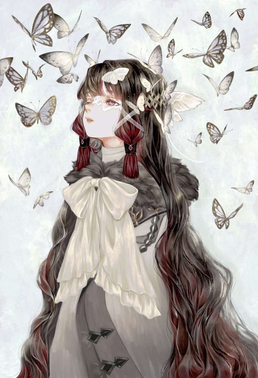 1girl, black_hair, bow, bug, butterfly, cloak, columbina_(genshin_impact), eye_mask