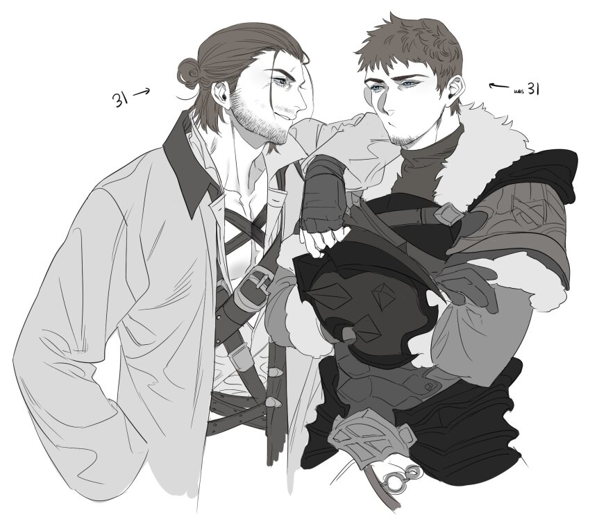 2boys, adventurer_(ff14), ardbert_hylfyst, arm_on_another's_shoulder, bara, beard_stubble, character_age, chest_harness, cropped_torso, english_text, facial_hair, from_side, fvc8oqx7jq0na8i, goatee_stubble, greyscale, hair_slicked_back, harness, highres, male_focus, mature_male, medium_hair, monochrome, multiple_boys, mustache_stubble, pectoral_cleavage, pectorals, scar, scar_across_eye, scar_on_face, seductive_smile, smile, stubble, thick_eyebrows, warrior_of_light_(ff14), yaoi