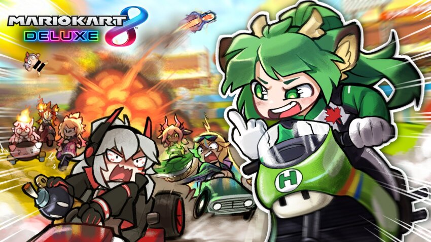6+girls, ahoge, animal_ears, antlers, arielle_(vtuber), bar_censor, blonde_hair, blue_hair, bomb, brown_hair, censored, commentary, deer_ears, english_commentary, explosion, explosive, fefe_(vtuber), fire, gloves, green_eyes, green_hair, grey_hair, haruka_karibu, highres, horns, indie_virtual_youtuber, leaf_print, maple_leaf_print, mario_(series), mario_kart, mario_kart_8, middle_finger, multiple_girls, nintendo, obkatiekat, open_mouth, pink_hair, reindeer_antlers, reindeer_girl, second-party_source, shinomiya_arts, sinder_(vtuber), sinder_(demon_form)_(vtuber), teeth, tongue, trickywi, vienna_(vtuber), virtual_youtuber, vshojo, wolf_ears, wolf_girl, yuniiho_(vtuber), zentreya, zentreya_(cyborg), zentreya_(cyborg)_(1st_costume)