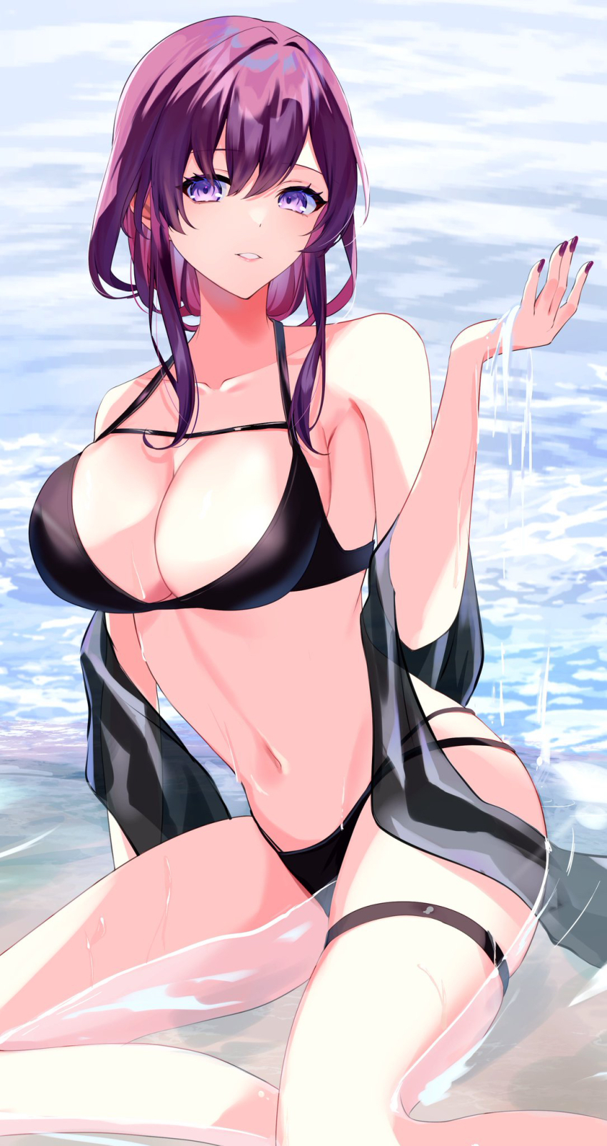 1girl, bare_shoulders, bikini, black_bikini, breasts, cleavage, commentary, hand_up