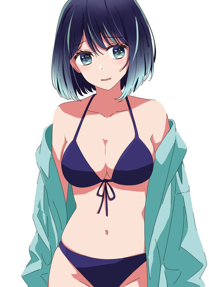 1girl, aqua_eyes, bare_shoulders, bikini, blue_bikini, blue_hair, breasts, cleavage