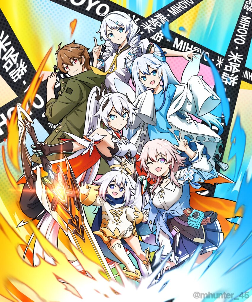 1boy, 5girls, :d, ;d, ahoge, artist_name, bare_shoulders, honkai_gakuen