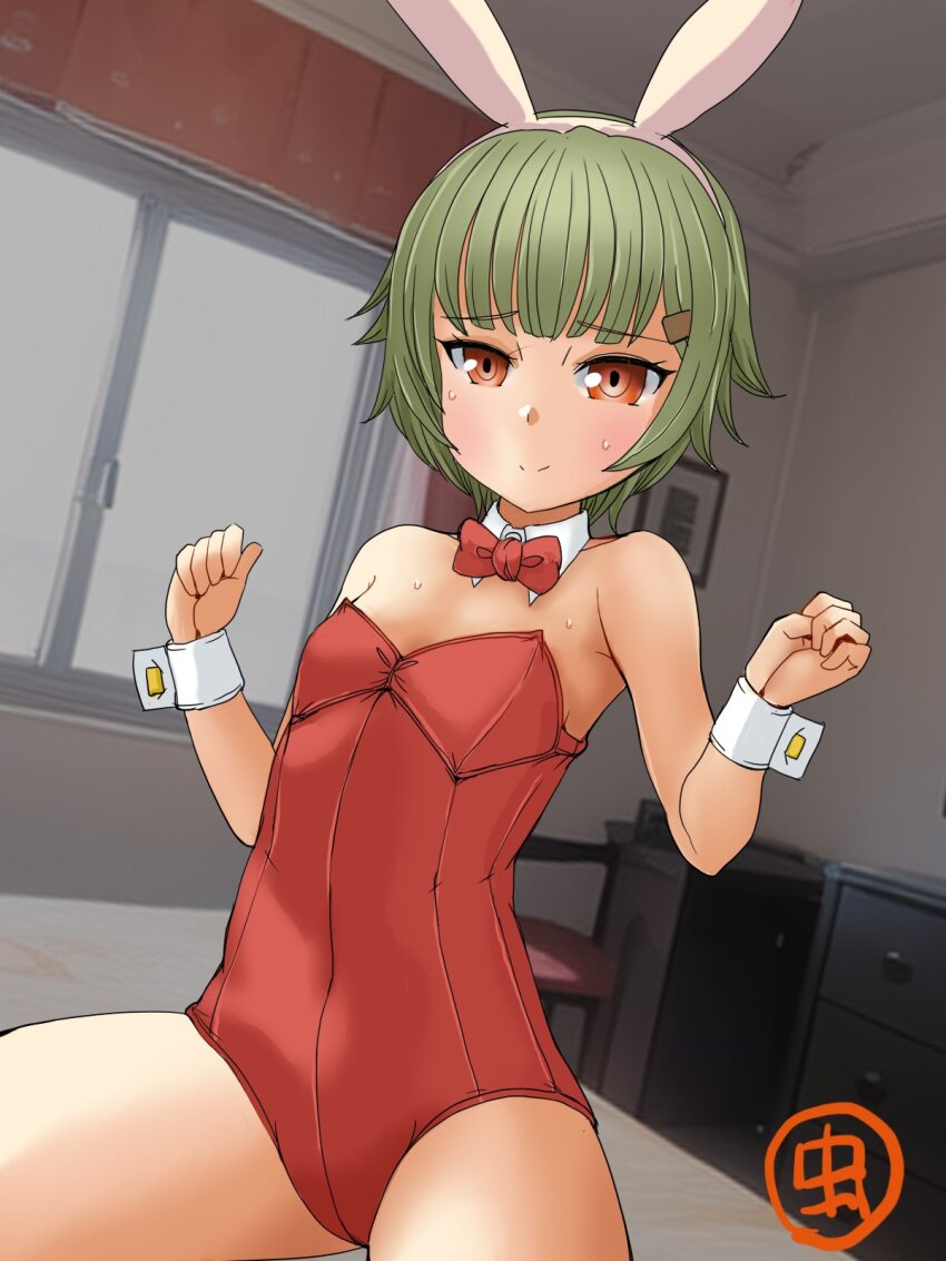 1girl, alternate_costume, animal_ears, artist_logo, bed, bedroom, bow, bowtie