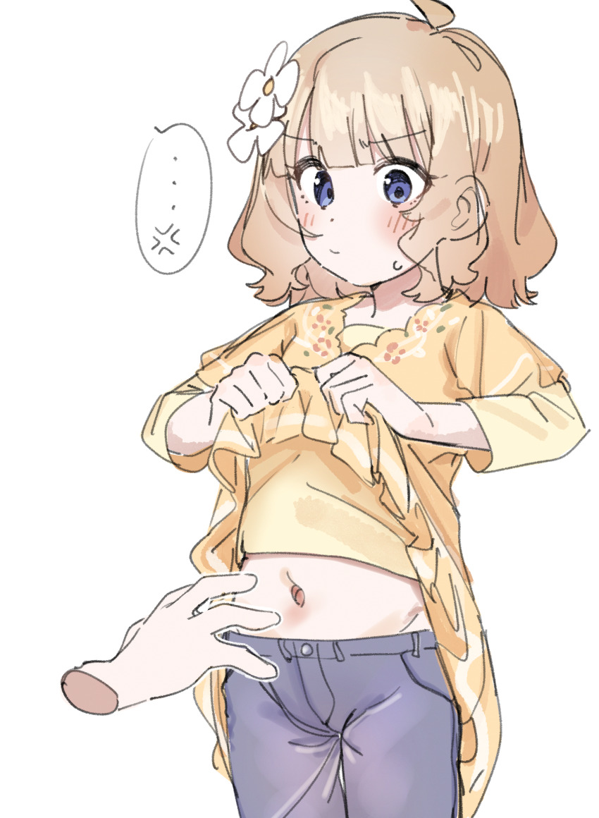 ..., 1girl, 1other, absurdres, ahoge, anger_vein, blush, brown_hair, clothes_lift, commentary, denim, disembodied_hand, dress, dress_lift, flower, hair_flower, hair_ornament, highres, idolmaster, idolmaster_million_live!, jeans, lifting_own_clothes, loli, looking_at_another, meeeeeeco359, midriff, navel, pants, simple_background, spoken_anger_vein, spoken_ellipsis, suou_momoko, sweatdrop, white_background, yellow_dress