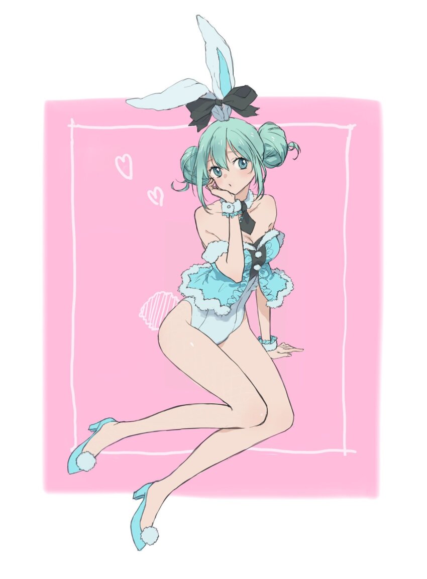 1girl, akizakura_mns, arm_support, bicute_bunnies_miku, double_bun, green_hair, hair_bun, hatsune_miku