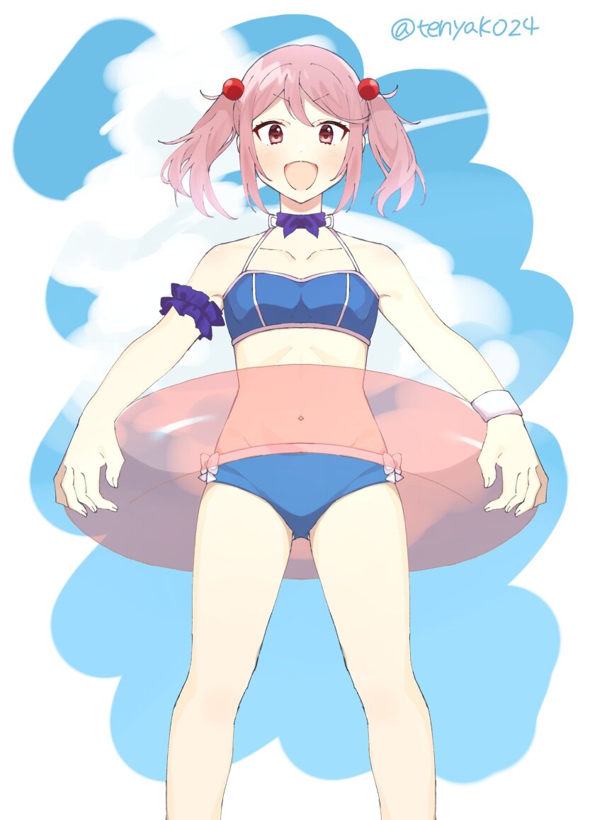 1girl, bell, bikini, blue_bikini, blue_skirt, cloud, cloudy_sky, cowboy_shot