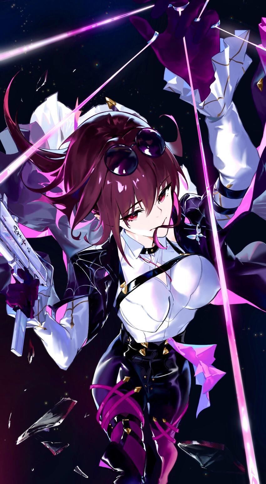 1girl, absurdres, black_gloves, black_jacket, black_pantyhose, black_shorts, breasts, chiaspicy