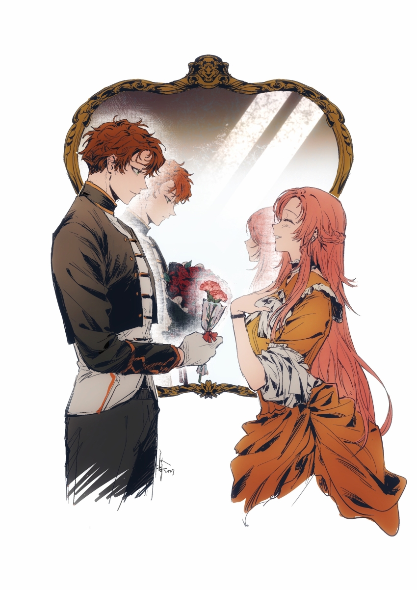 1boy, 1girl, absurdres, affectionate, black_jacket, black_pants, blue_eyes, blush, bracelet, braid, carnation, choker, closed_mouth, cropped_jacket, different_reflection, dress, elias_von_neuschwanstein, facing_another, flower, from_side, frown, galllisto, gloves, half_updo, hand_up, highres, holding, holding_flower, jacket, jewelry, long_hair, long_sleeves, looking_at_another, mirror, mother's_day, orange_dress, pants, parted_lips, pink_hair, profile, red_carnation, red_flower, red_hair, red_rose, reflection, rose, shuri_von_neuschwanstein, signature, sleeves_rolled_up, smile, the_fantasie_of_a_stepmother, very_long_hair, vest, white_background, white_gloves, white_vest, wrapper
