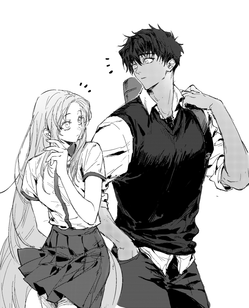 1boy, 1girl, arm_behind_back, closed_mouth, collared_shirt, contemporary, cowboy_shot, dark-skinned_male