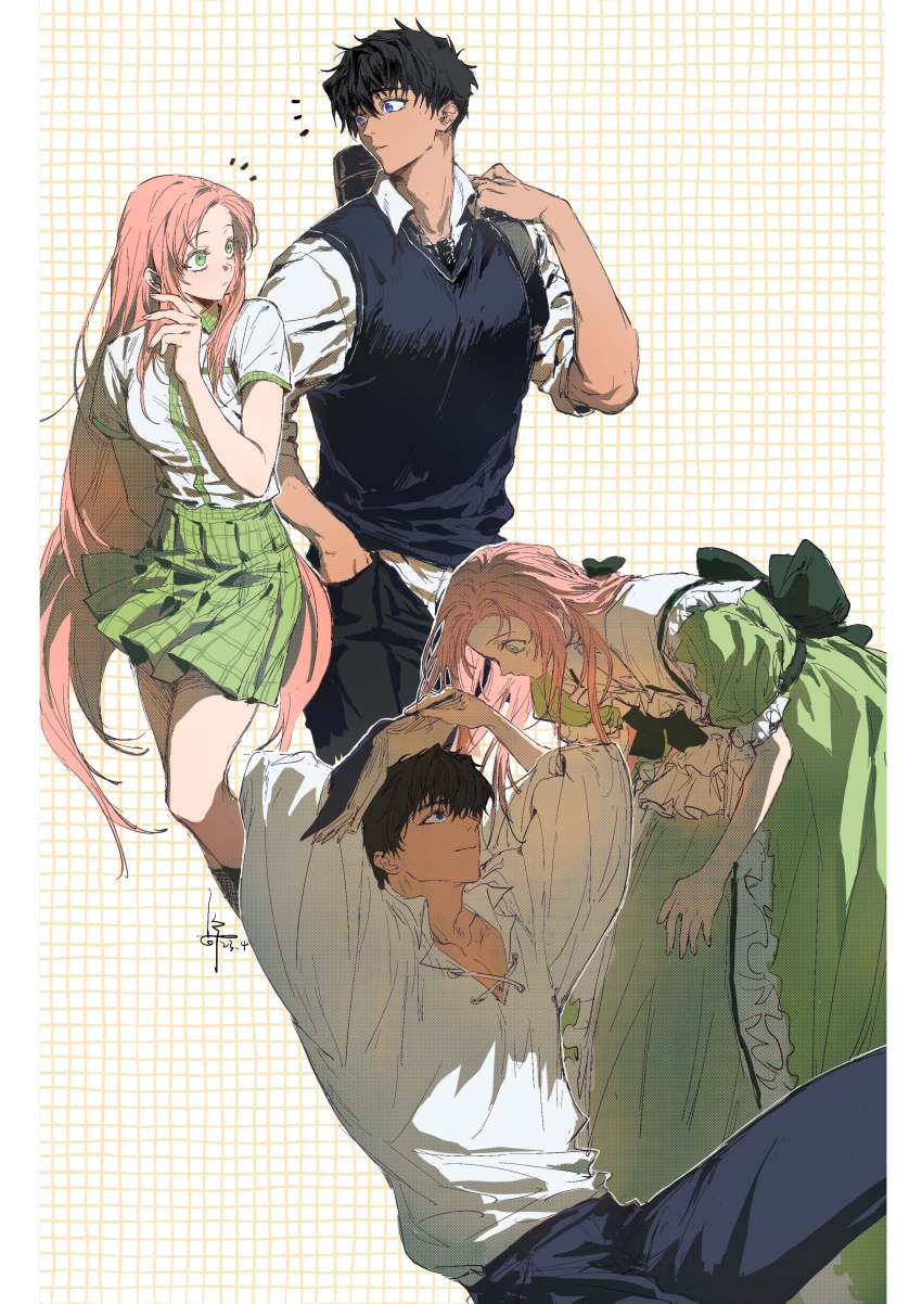 1boy, 1girl, absurdres, arm_behind_back, arms_behind_head, arms_up, bent_over, black_hair