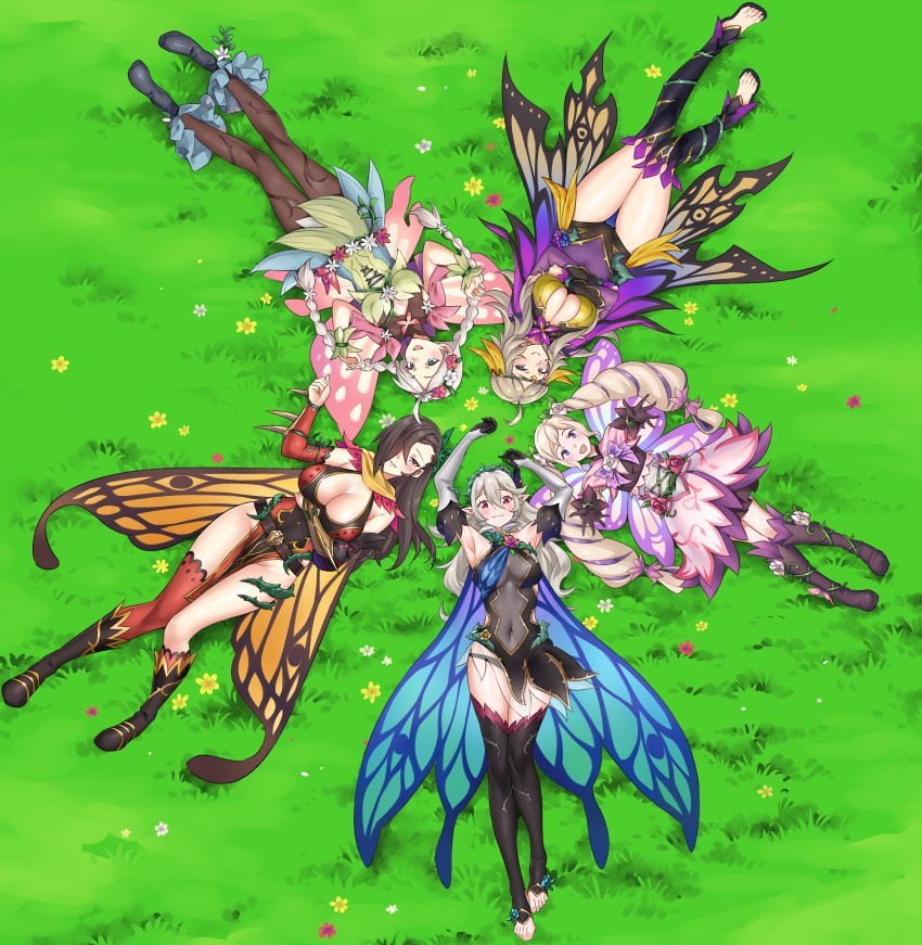 5girls, absurdres, ahoge, black_pantyhose, blonde_hair, bodystocking, boots, braid