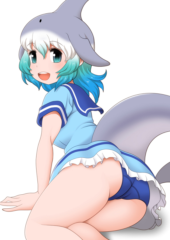 1girl, ass, bagua_zhang, blowhole, blue_eyes, blue_hair, blush, cetacean_tail, common_bottlenose_dolphin_(kemono_friends), crotch_seam, dolphin_girl, dorsal_fin, dress, fins, fish_tail, frills, grey_hair, head_fins, kemono_friends, looking_at_viewer, miniskirt, multicolored_hair, open_mouth, panties, pantyshot, sailor_collar, sailor_dress, short_dress, short_hair, short_sleeves, skirt, smile, solo, tail, underwear, upskirt, white_hair