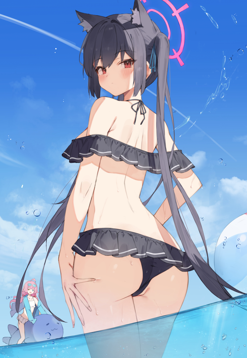 2girls, absurdres, animal_ear_fluff, animal_ears, ass, back, bare_shoulders, bikini