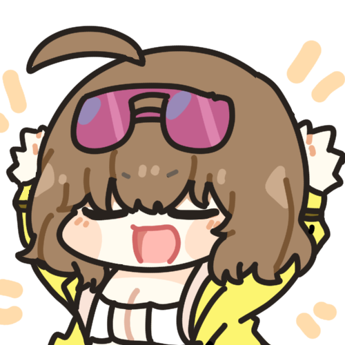 1girl, :d, ahoge, anis_(nikke), anis_(sparkling_summer)_(nikke), arms_up, bikini, blush_stickers, brown_hair, chibi, closed_eyes, eyepatch_bikini, eyewear_on_head, goddess_of_victory:_nikke, jacket, lowres, off-shoulder_jacket, off_shoulder, official_alternate_costume, oldstore, open_mouth, pink-tinted_eyewear, short_hair, smile, solo, sunglasses, swimsuit, tinted_eyewear, white_bikini, yellow_jacket