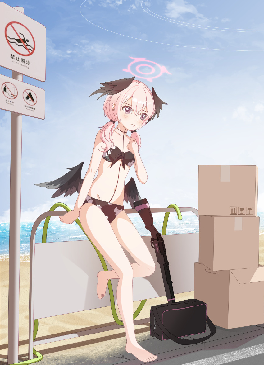 1girl, absurdres, bag, barefoot, beach, black_wings, blue_archive, box, cardboard_box, feathered_wings, full_body, gun, halo, head_wings, highres, hose, koharu_(blue_archive), koharu_(swimsuit)_(blue_archive), legs, lemonztea, low_wings, navel, ocean, official_alternate_costume, pink_eyes, pink_hair, pink_halo, rifle, road_sign, school_bag, sign, sniper_rifle, solo, standing, standing_on_one_leg, stomach, toes, weapon, wings
