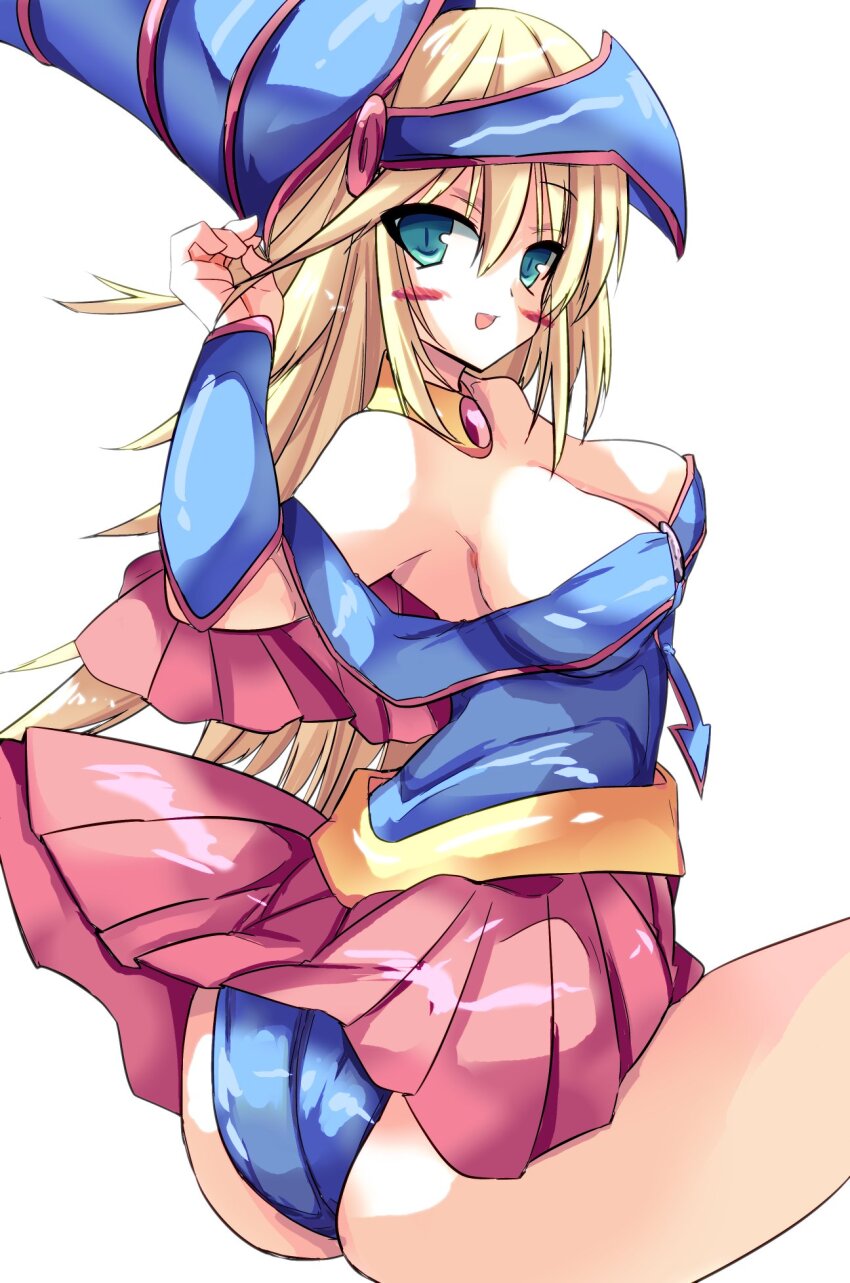 1girl, ass, ass_focus, blonde_hair, breasts, dark_magician_girl, detached_sleeves, green_eyes, hat, highres, large_breasts, long_hair, looking_back, ruugaruu, skirt, solo, witch, witch_hat, yu-gi-oh!