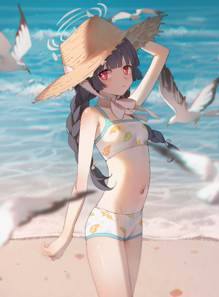 1girl, bare_shoulders, bikini, black_hair, blue_archive, braid, breasts, bright_pupils