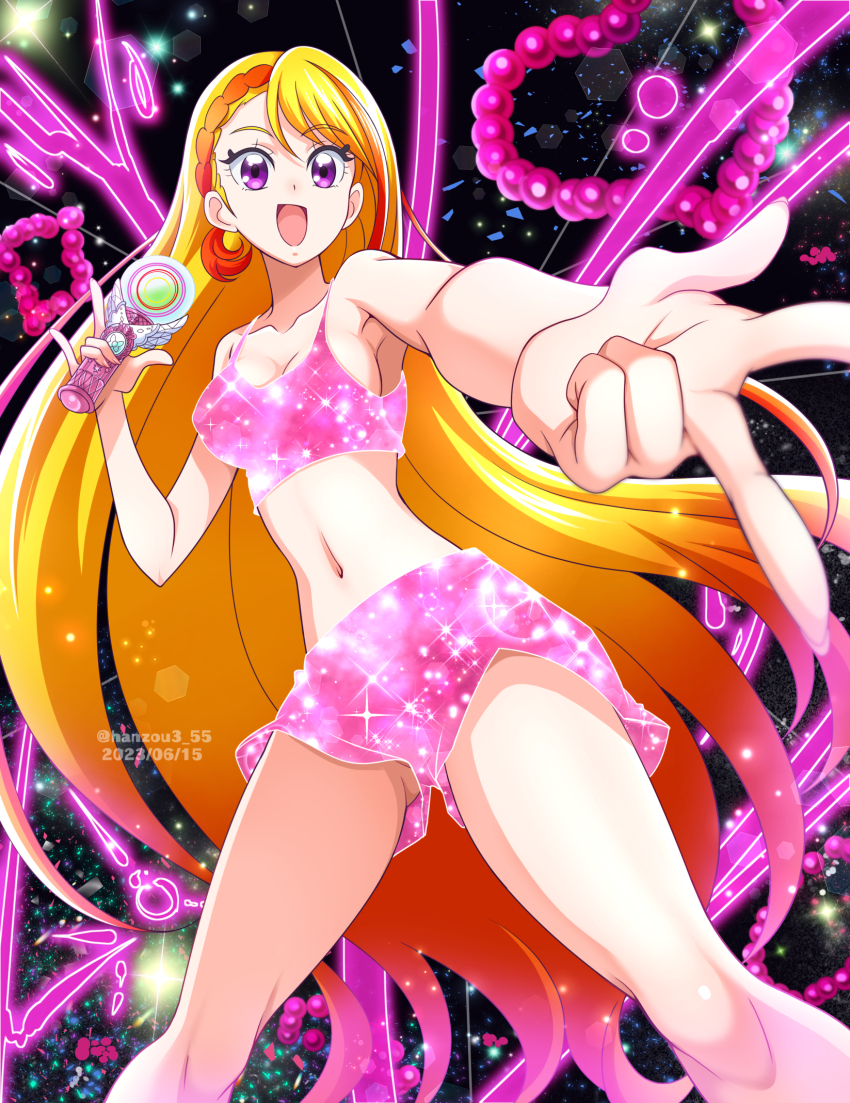 1girl, :d, \n/, asymmetrical_bangs, blonde_hair, braid, braided_bangs, breasts, commentary, cure_butterfly, dated, energy, foreshortening, gradient_hair, hanzou, highres, hijiri_ageha, hirogaru_sky!_precure, holding, light_particles, long_hair, looking_at_viewer, magical_girl, medium_breasts, multicolored_hair, open_mouth, pink_hair, pink_shorts, pink_sports_bra, pointing, pointing_at_viewer, precure, purple_eyes, red_hair, short_shorts, shorts, sky_mirage, smile, solo, sparkle, sports_bra, standing, transformation, twitter_username, v, very_long_hair