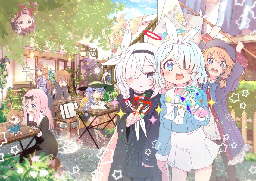 6+girls, ahoge, arms_up, arona_(blue_archive), bench, beret, black_bow, black_choker