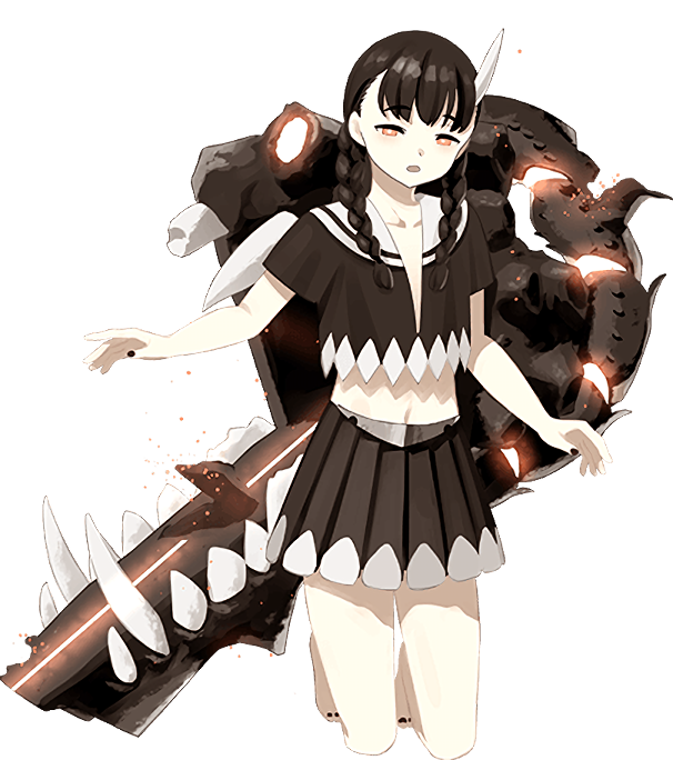 1girl, abyssal_ship, abyssal_stranded_landing_princess, barefoot, black_hair, black_nails, braid, horns