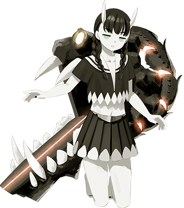 1girl, abyssal_ship, abyssal_stranded_landing_princess, bags_under_eyes, barefoot, black_hair, black_nails, braid